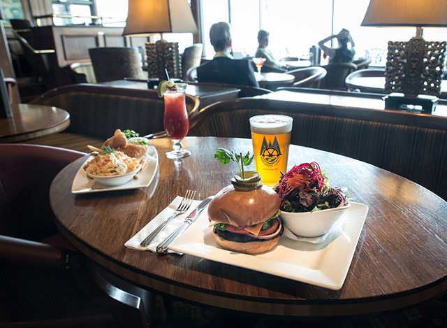 Burger, salad, and beer