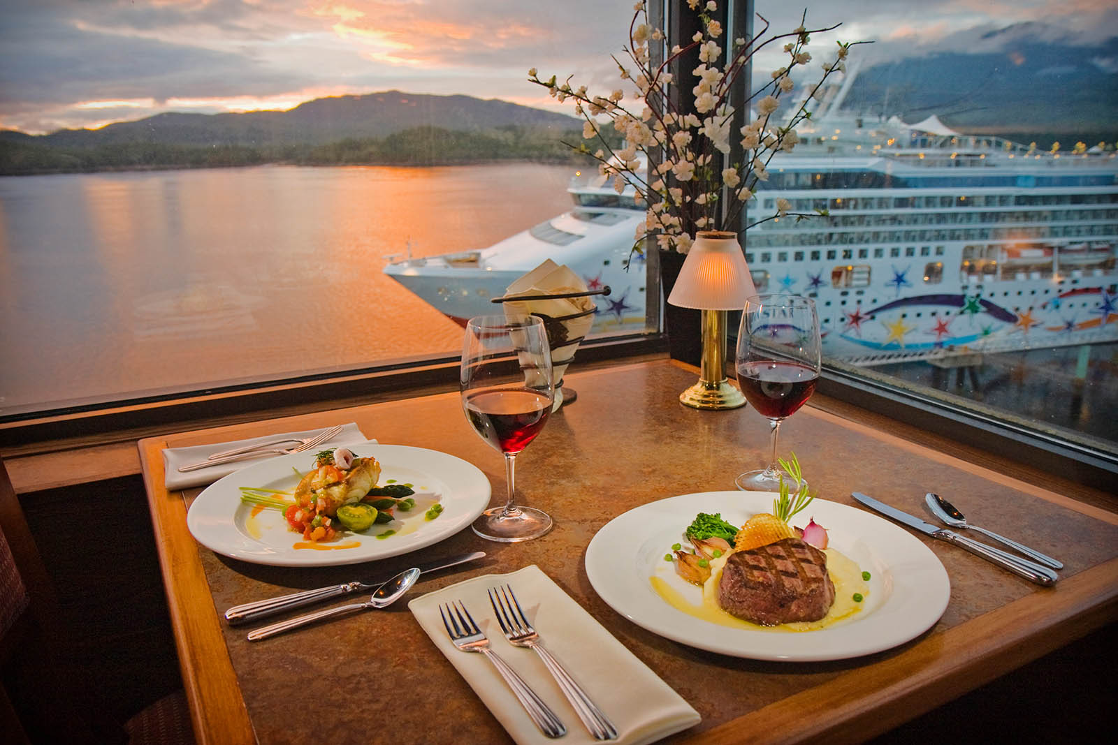 Romantic table looking down on cruise ship